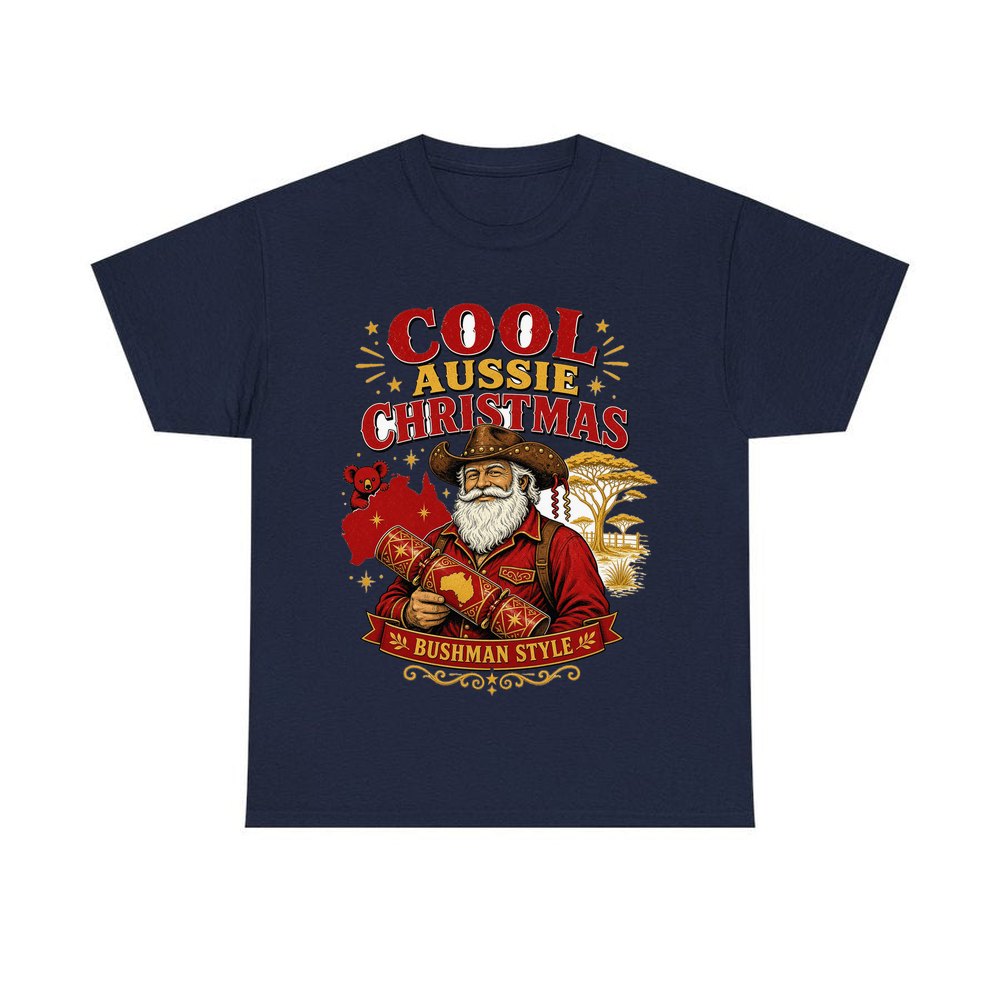 Bushman Santa Christmas Cracker personalised Christmas T-shirt in navy