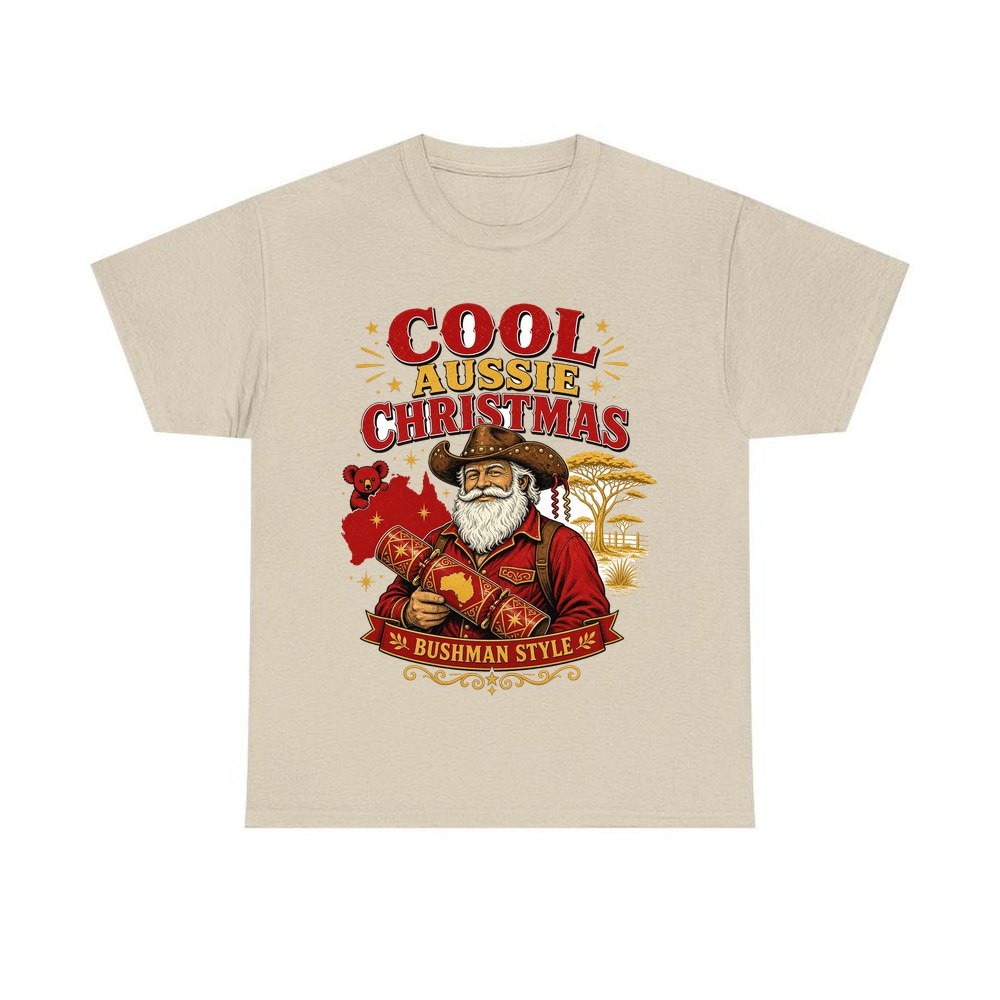 Bushman Santa Christmas Cracker personalised Christmas T-shirt in sand