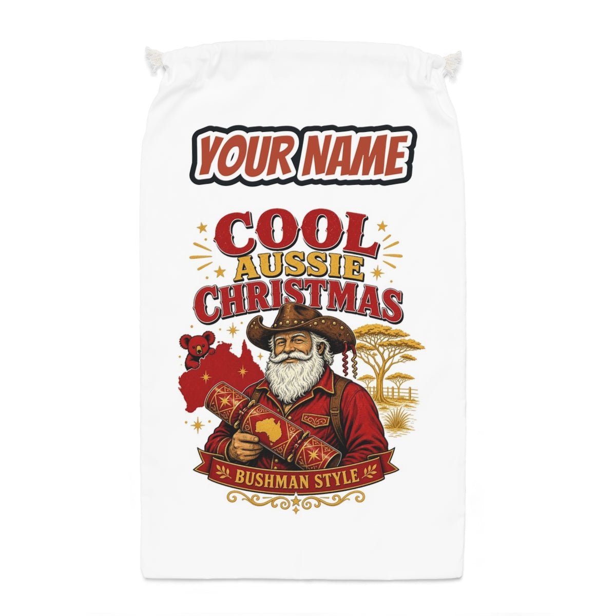 Bushman Santa Christmas Cracker Santa sack laid flat, showing the full print