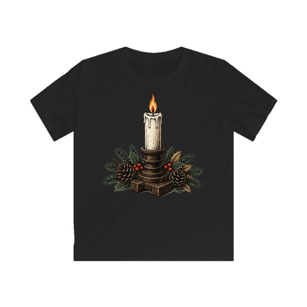 Candle In Wooden Holder personalised kids Christmas tee in black