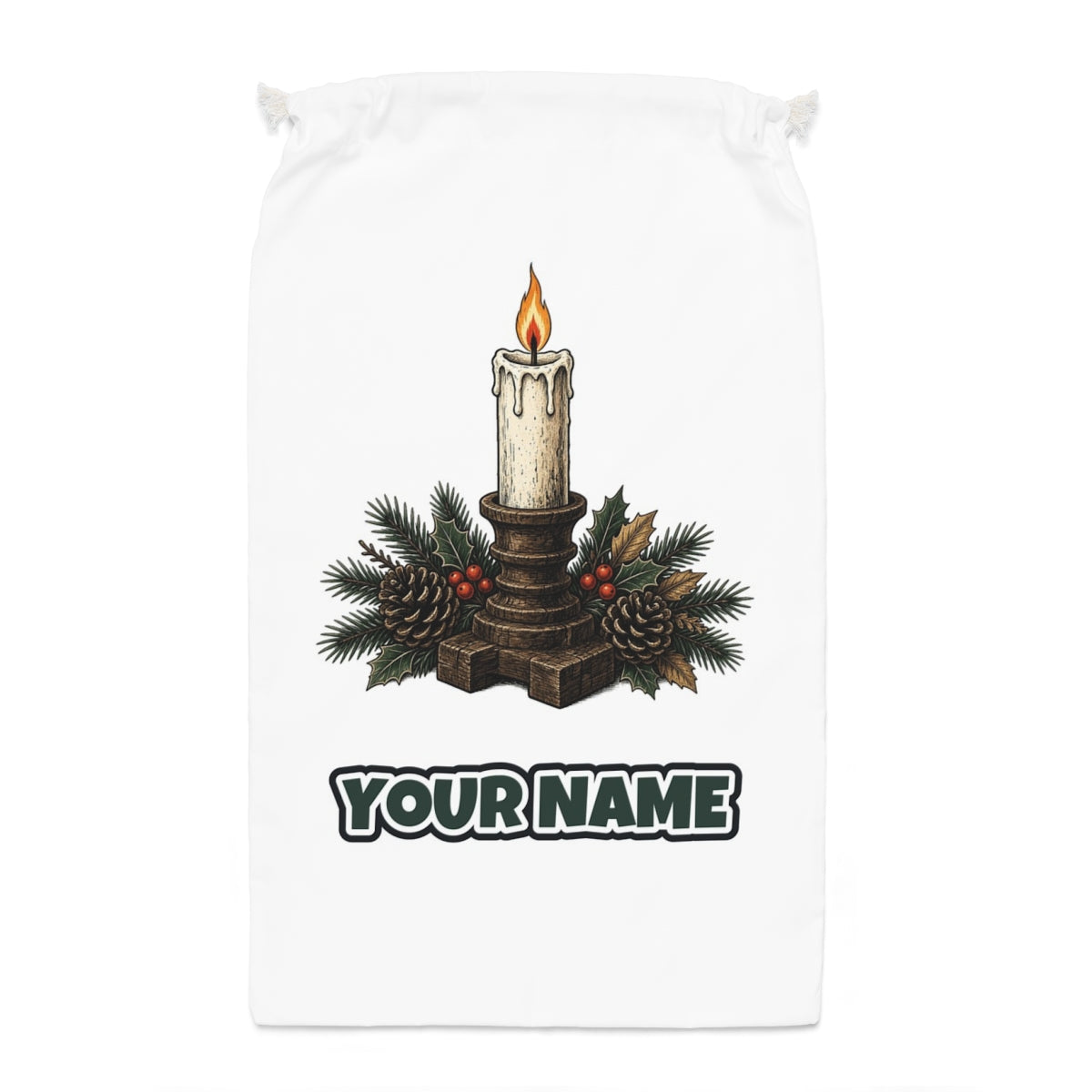 Candle In Wooden Holder Santa sack laid flat, showing the full print