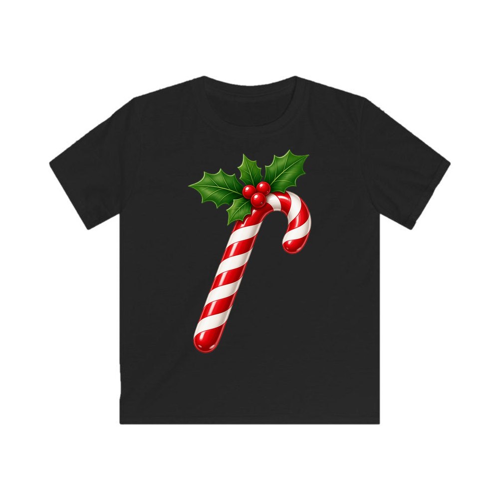 Candy Cane with Holly personalised kids Christmas tee in black