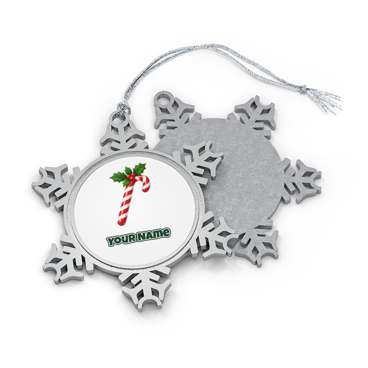 Candy Cane with Holly Personalised Pewter Christmas Ornament