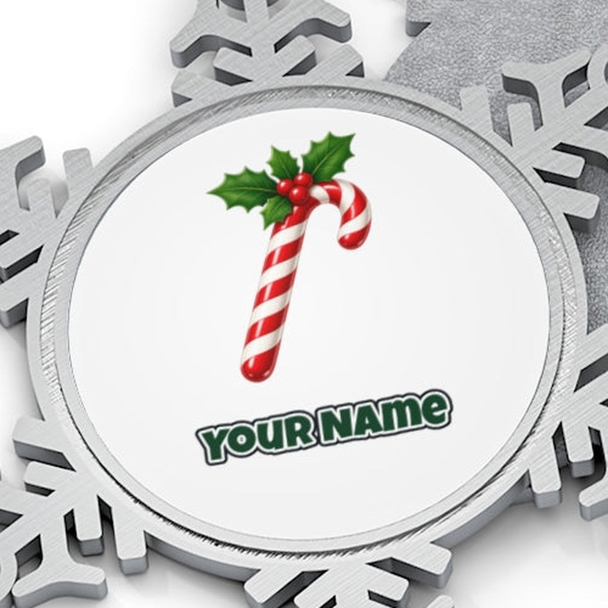 Candy Cane with Holly Personalised Pewter Christmas Ornament