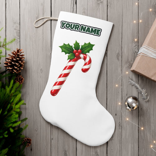 Candy Cane with Holly personalised Christmas stocking, white, with the name across the top