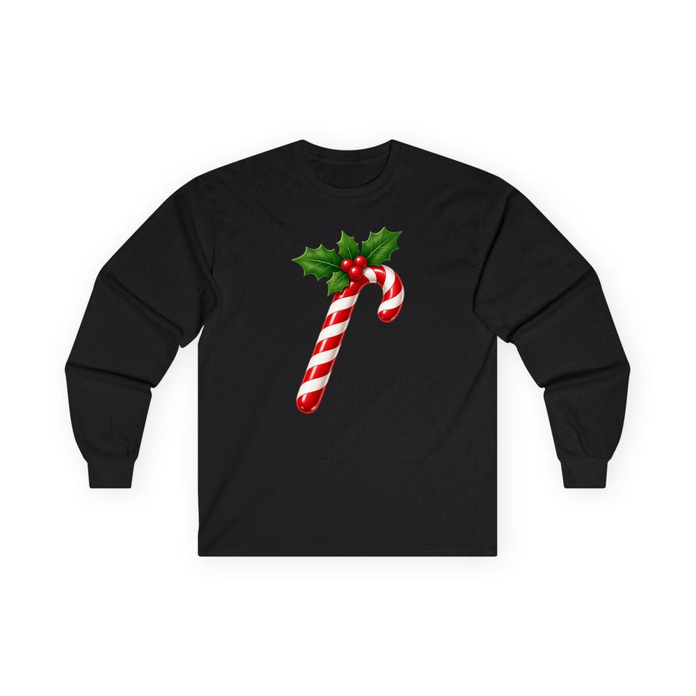 Candy Cane with Holly personalised long sleeve Christmas T-shirt in black