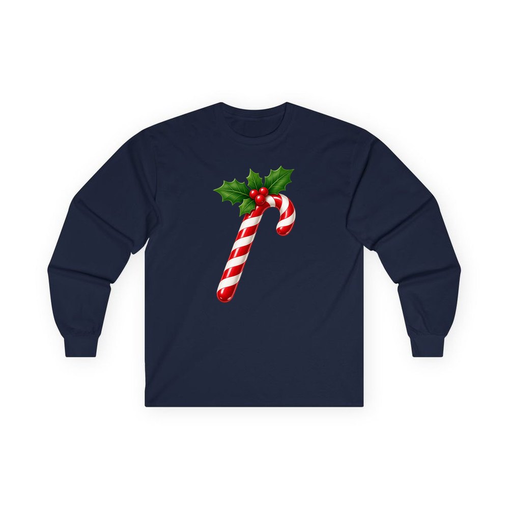 Candy Cane with Holly personalised long sleeve Christmas T-shirt in navy
