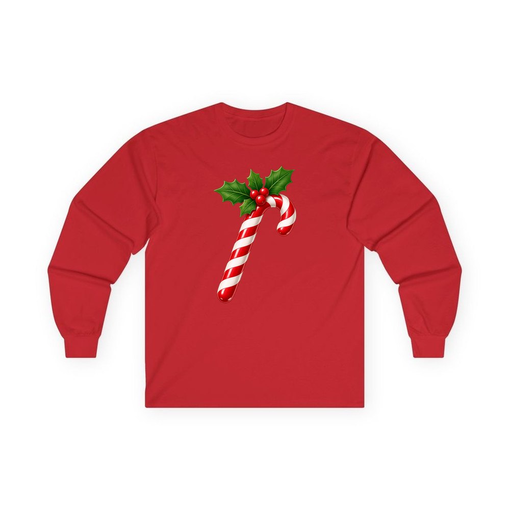 Candy Cane with Holly personalised long sleeve Christmas T-shirt in red