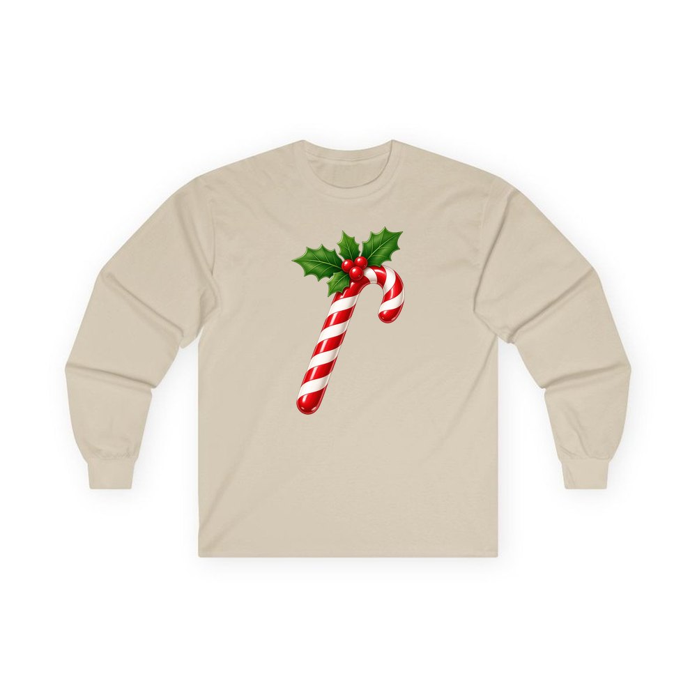 Candy Cane with Holly personalised long sleeve Christmas T-shirt in sand