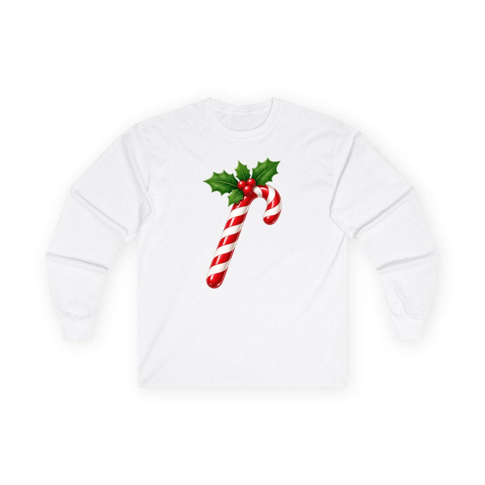 Candy Cane with Holly personalised long sleeve Christmas T-shirt in white