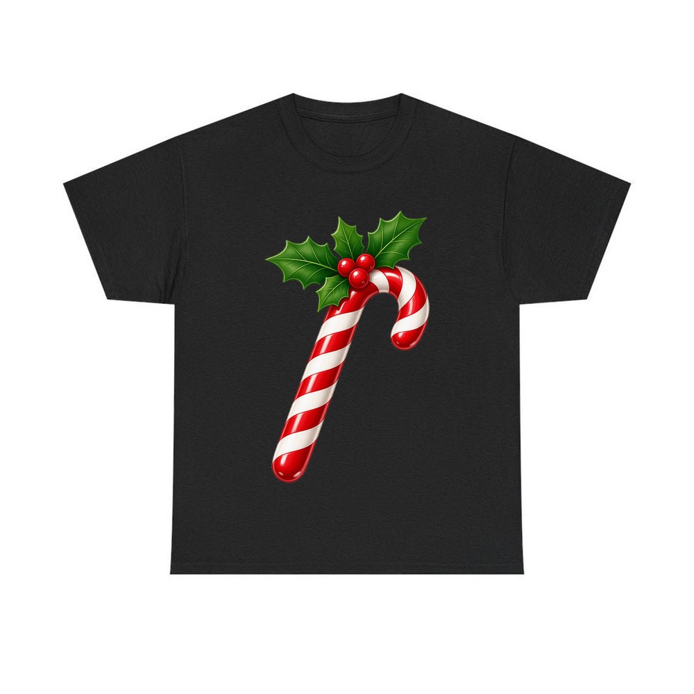 Candy Cane with Holly personalised Christmas T-shirt in black