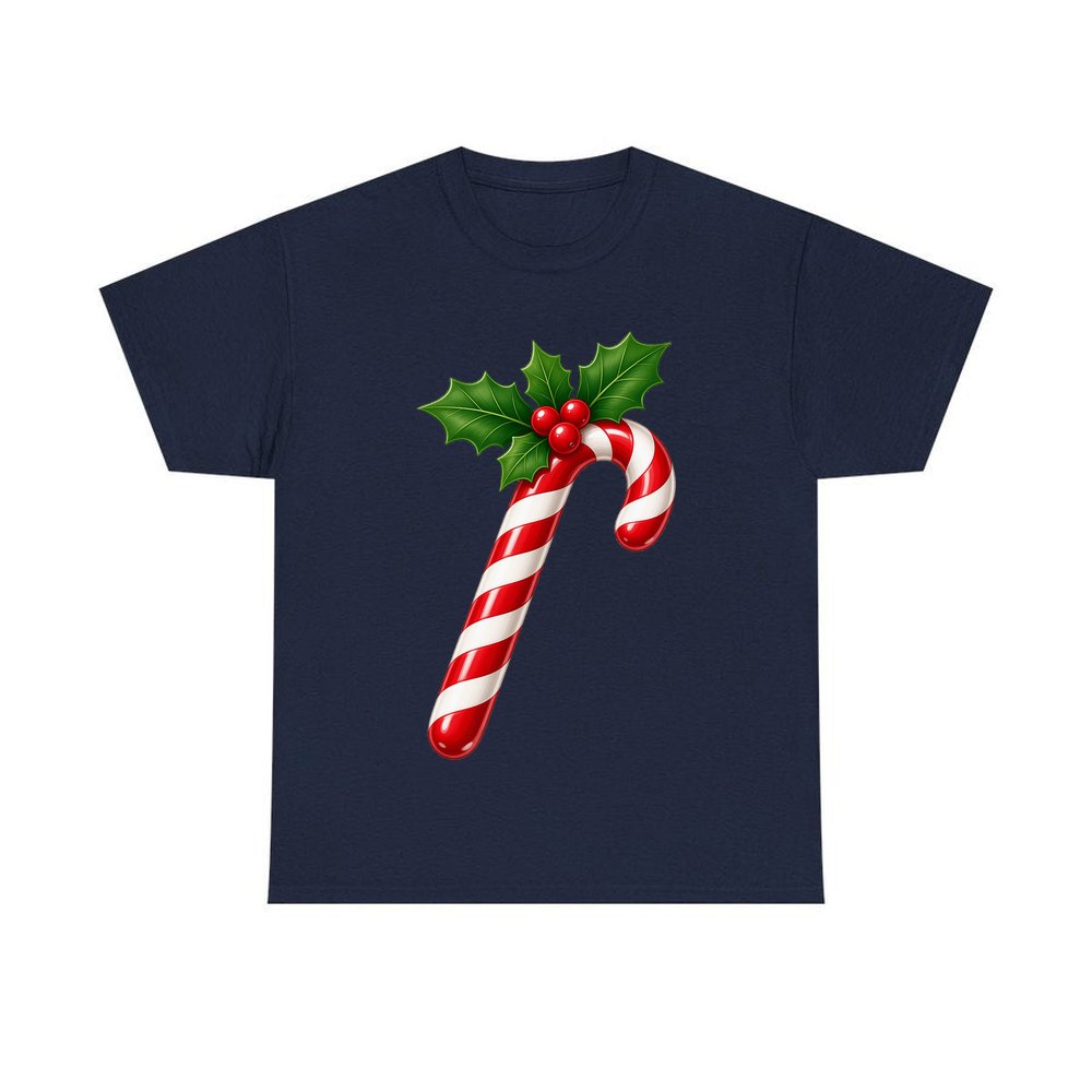 Candy Cane with Holly personalised Christmas T-shirt in navy