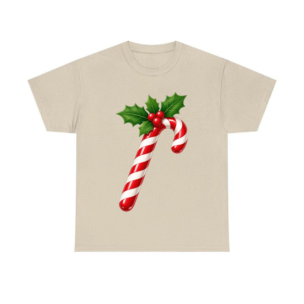 Candy Cane with Holly personalised Christmas T-shirt in sand