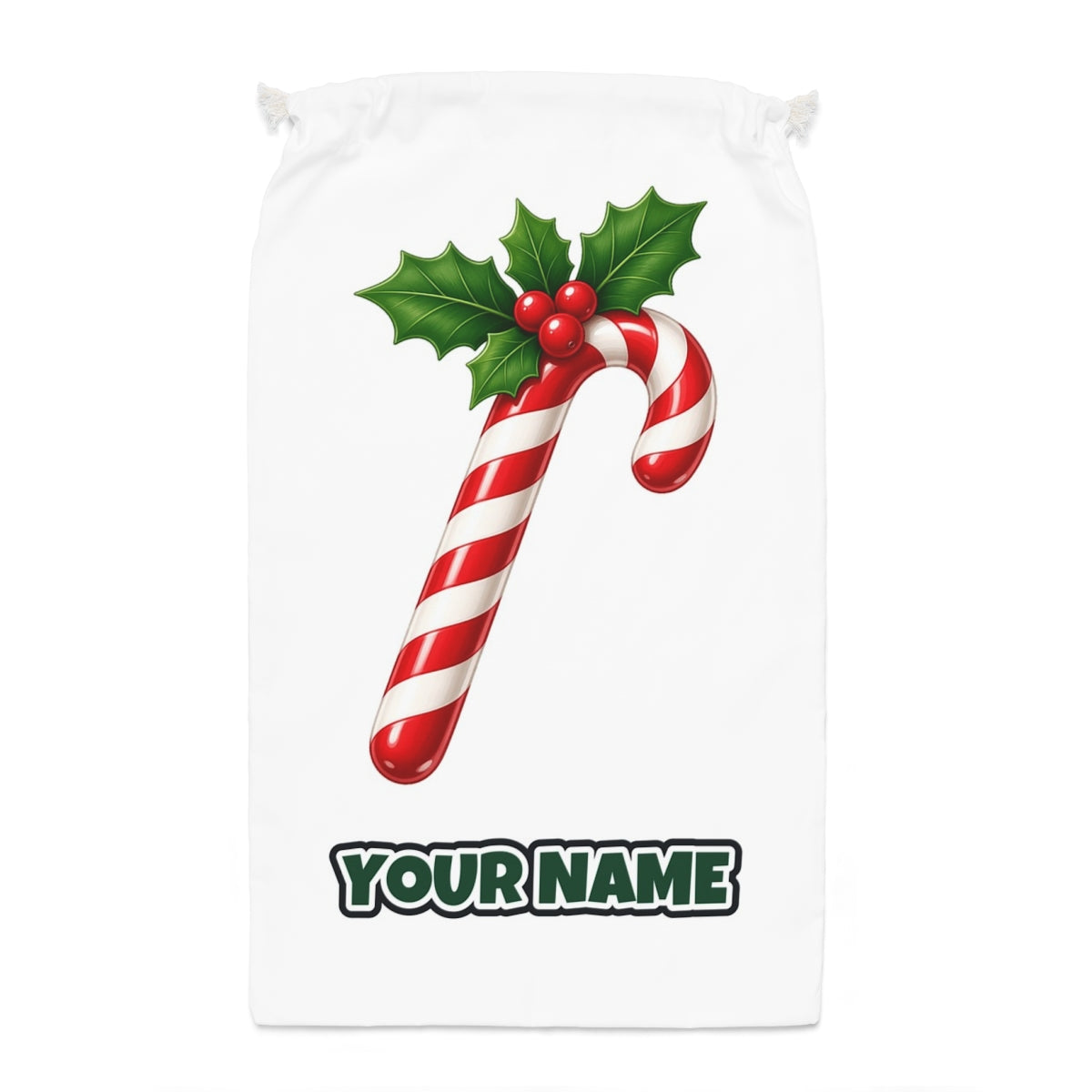 Candy Cane with Holly Santa sack laid flat, showing the full print