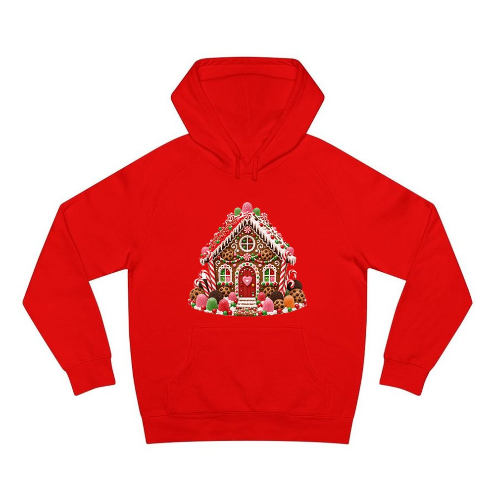 Cookie and Gumdrop Gingerbread House personalised Christmas hoodie in red
