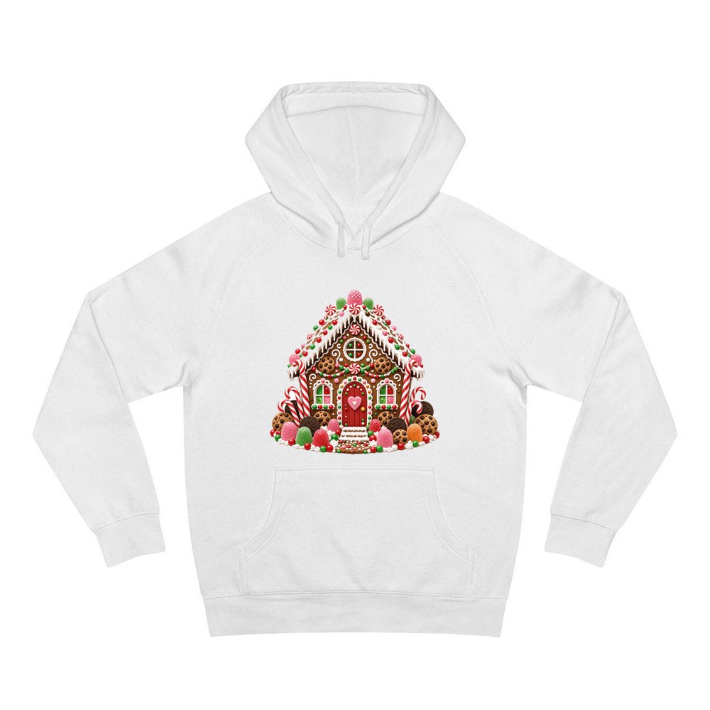 Cookie and Gumdrop Gingerbread House personalised Christmas hoodie in white