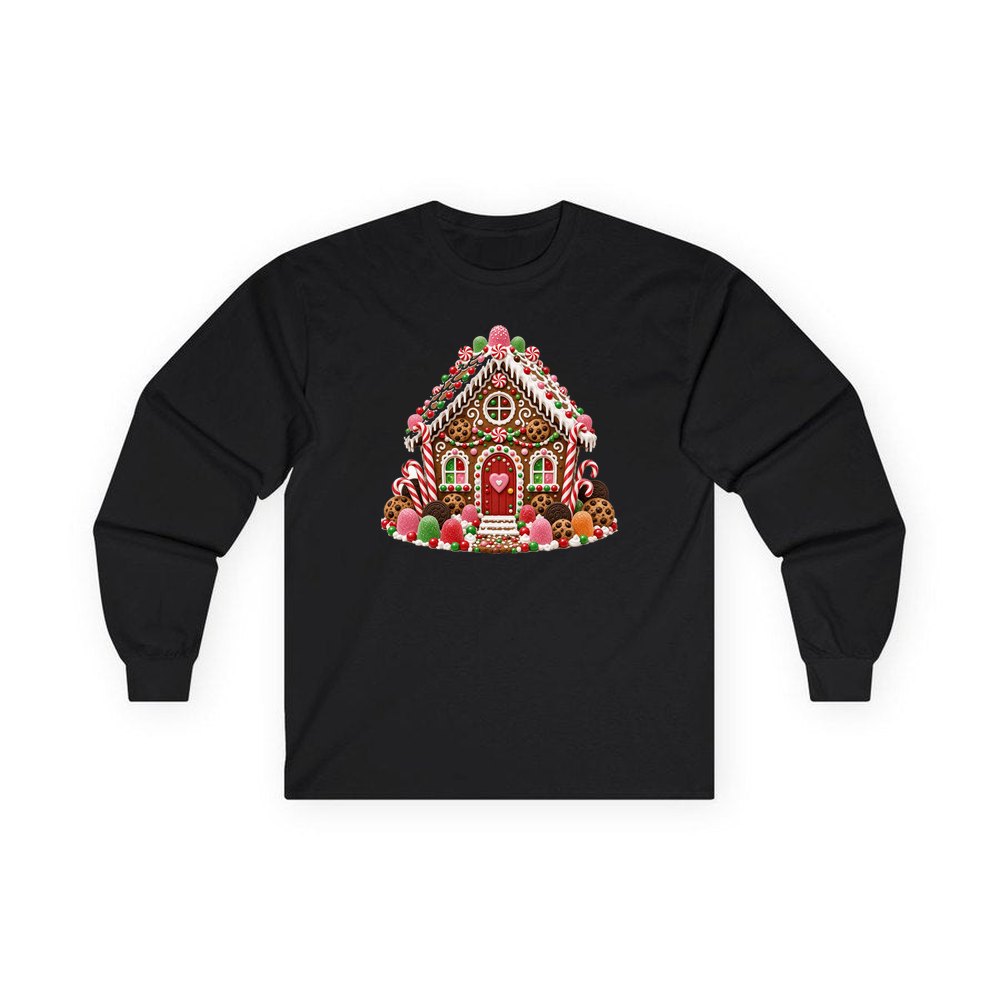 Cookie and Gumdrop Gingerbread House personalised long sleeve Christmas T-shirt in black