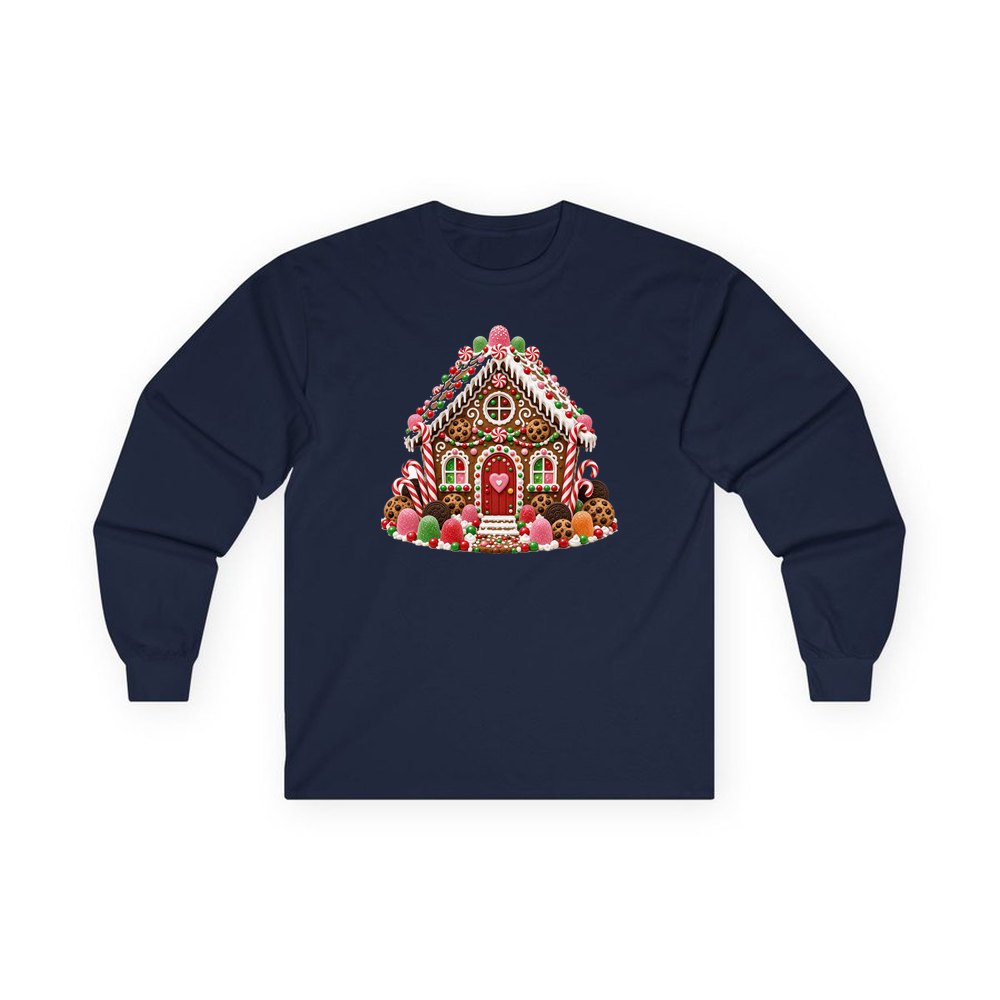 Cookie and Gumdrop Gingerbread House personalised long sleeve Christmas T-shirt in navy