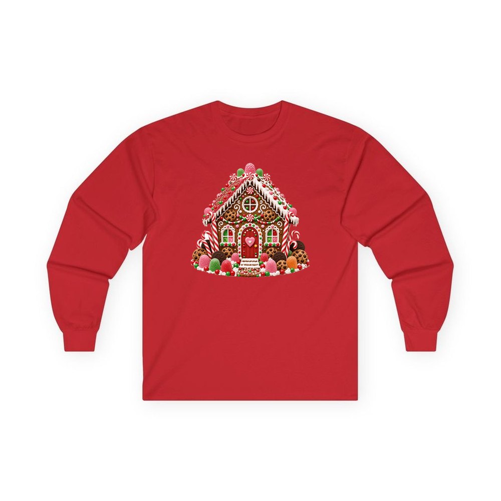 Cookie and Gumdrop Gingerbread House personalised long sleeve Christmas T-shirt in red