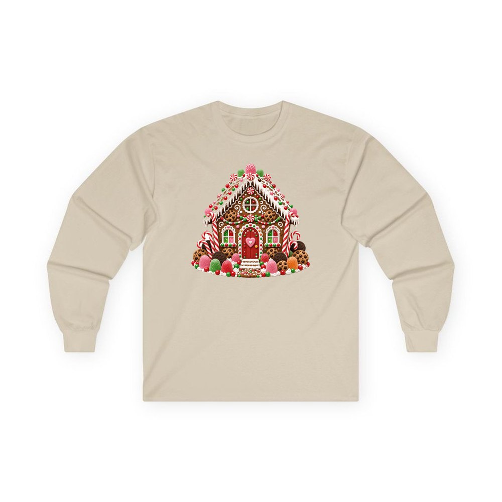 Cookie and Gumdrop Gingerbread House personalised long sleeve Christmas T-shirt in sand