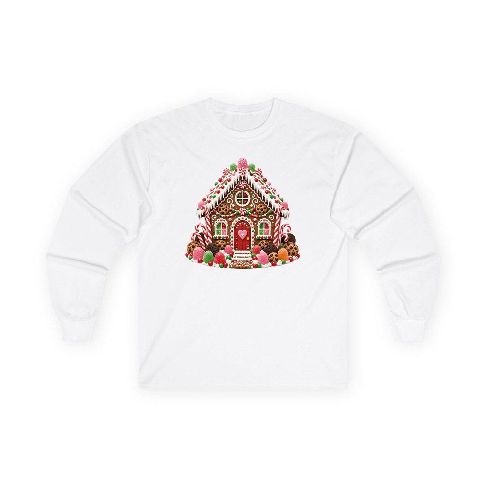 Cookie and Gumdrop Gingerbread House personalised long sleeve Christmas T-shirt in white