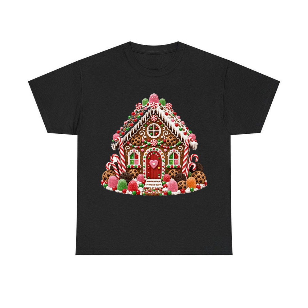 Cookie and Gumdrop Gingerbread House personalised Christmas T-shirt in black