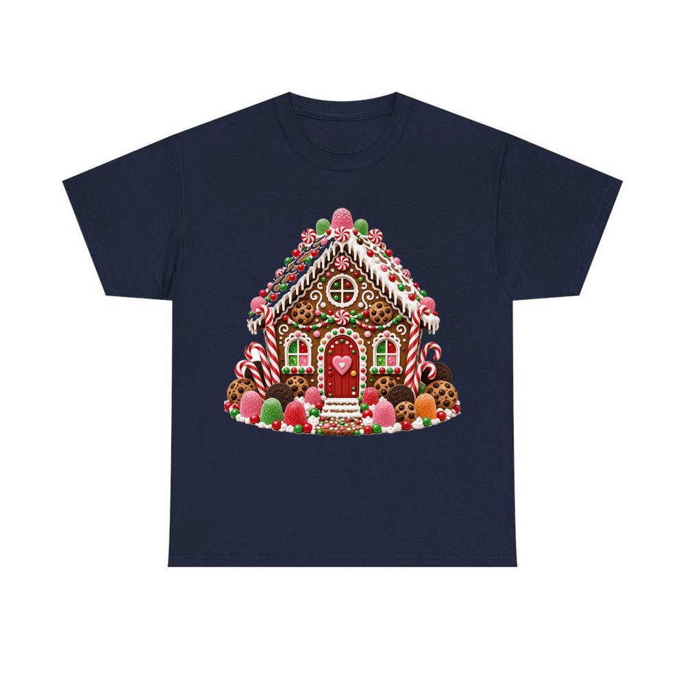 Cookie and Gumdrop Gingerbread House personalised Christmas T-shirt in navy