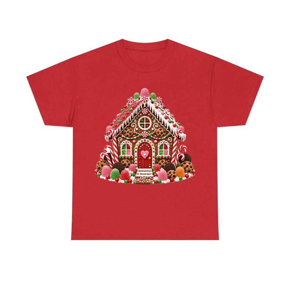 Cookie and Gumdrop Gingerbread House personalised Christmas T-shirt in red