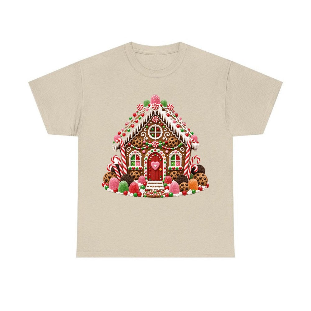 Cookie and Gumdrop Gingerbread House personalised Christmas T-shirt in sand