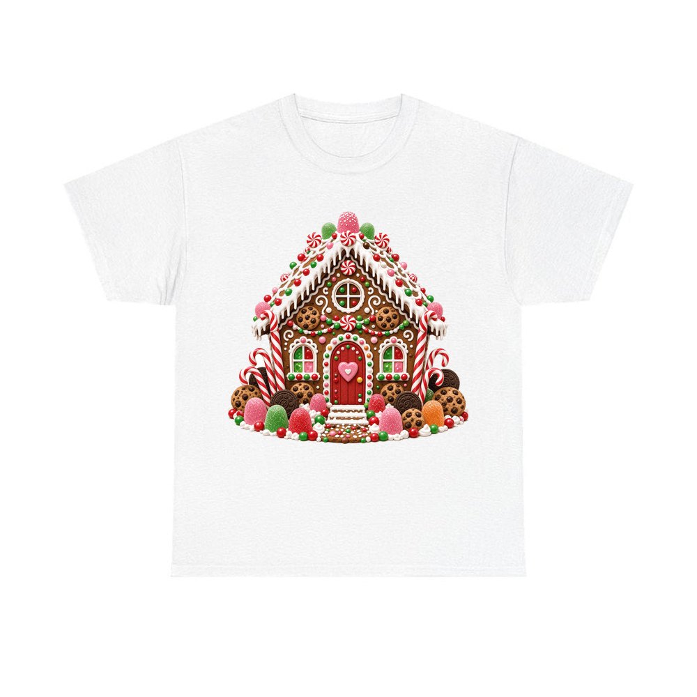 Candy Gingerbread House 2 design on a white tee