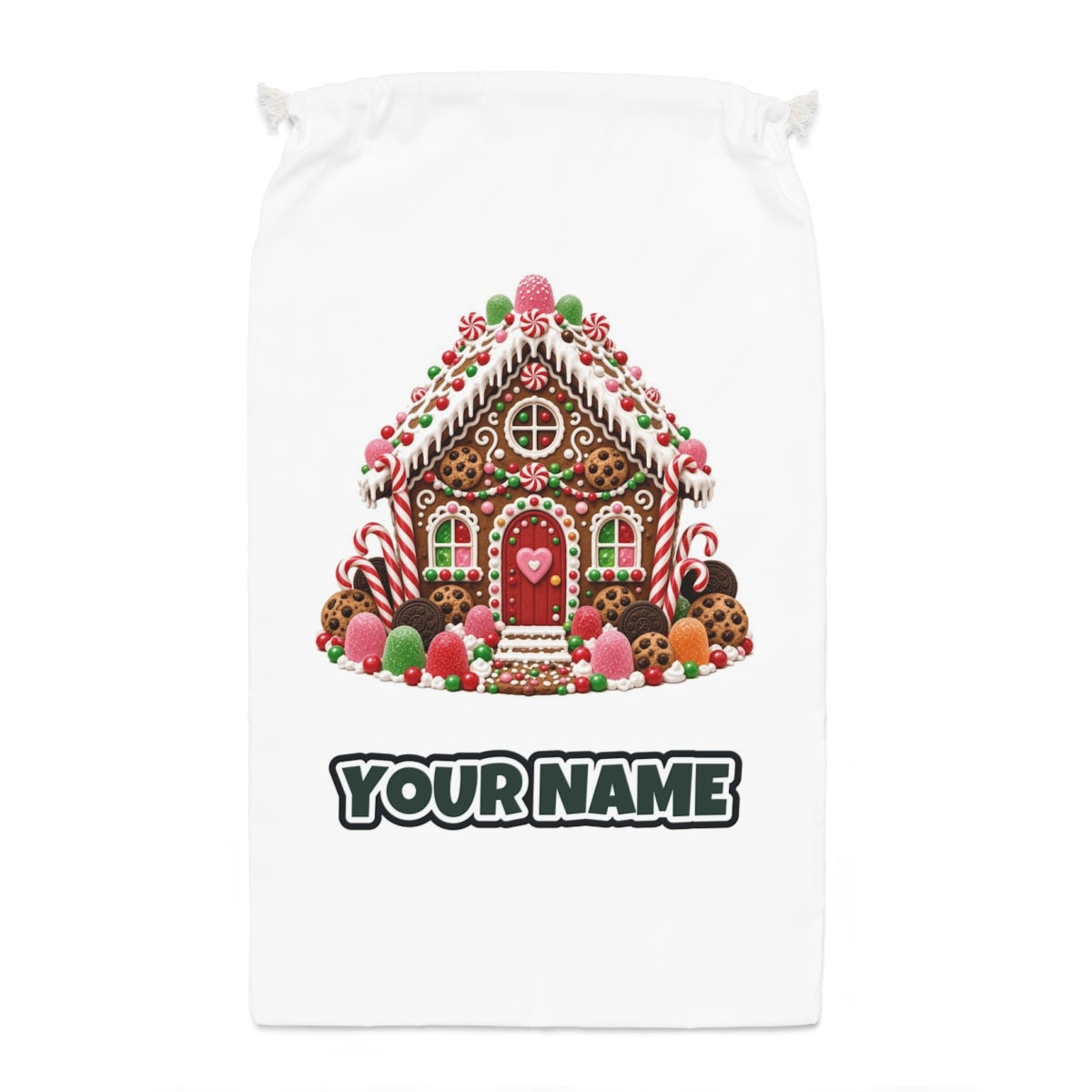 Cookie and Gumdrop Gingerbread House Santa sack laid flat, showing the full print