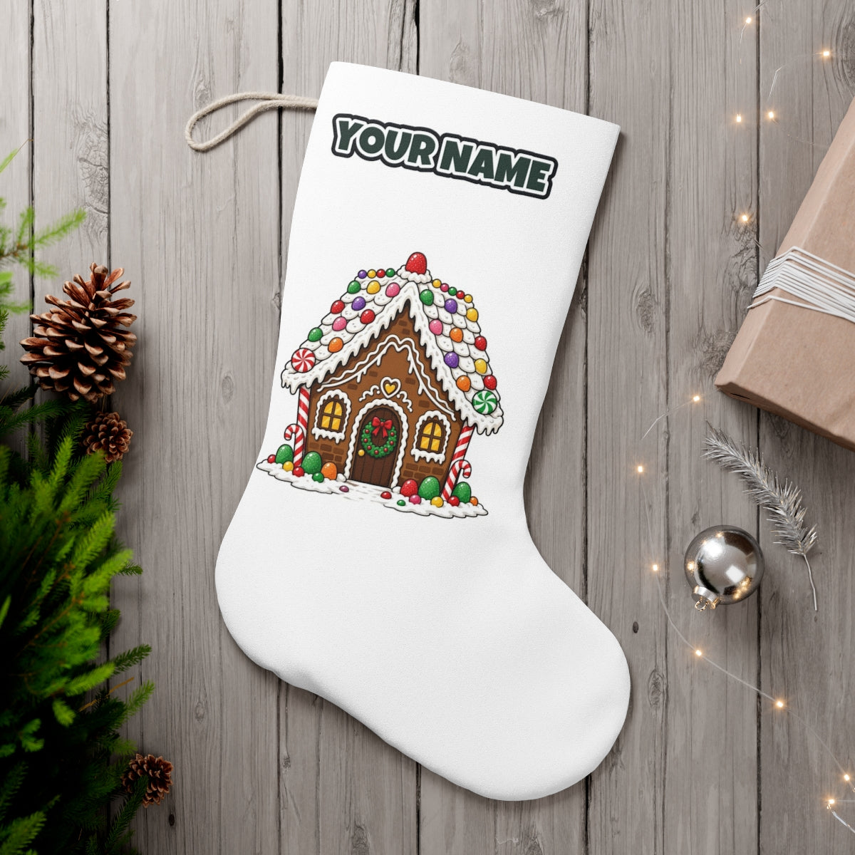 Candy Gingerbread House personalised Christmas stocking, white, with the name across the top