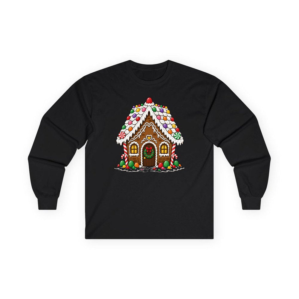 Candy Gingerbread House personalised long sleeve Christmas T-shirt in black