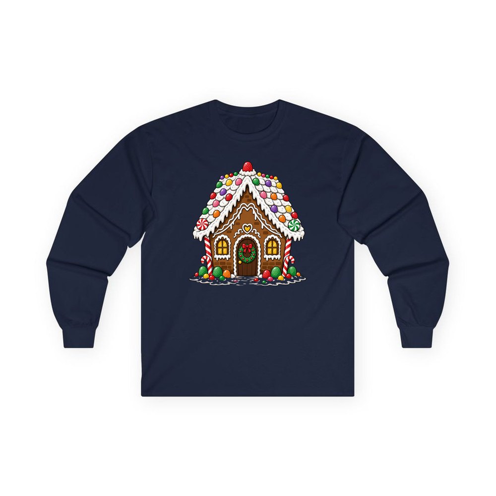 Candy Gingerbread House personalised long sleeve Christmas T-shirt in navy