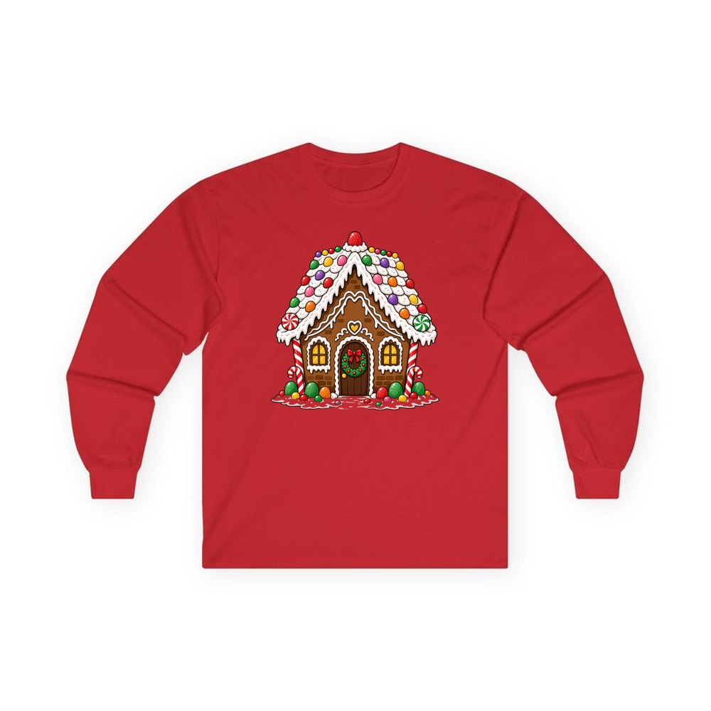 Candy Gingerbread House personalised long sleeve Christmas T-shirt in red