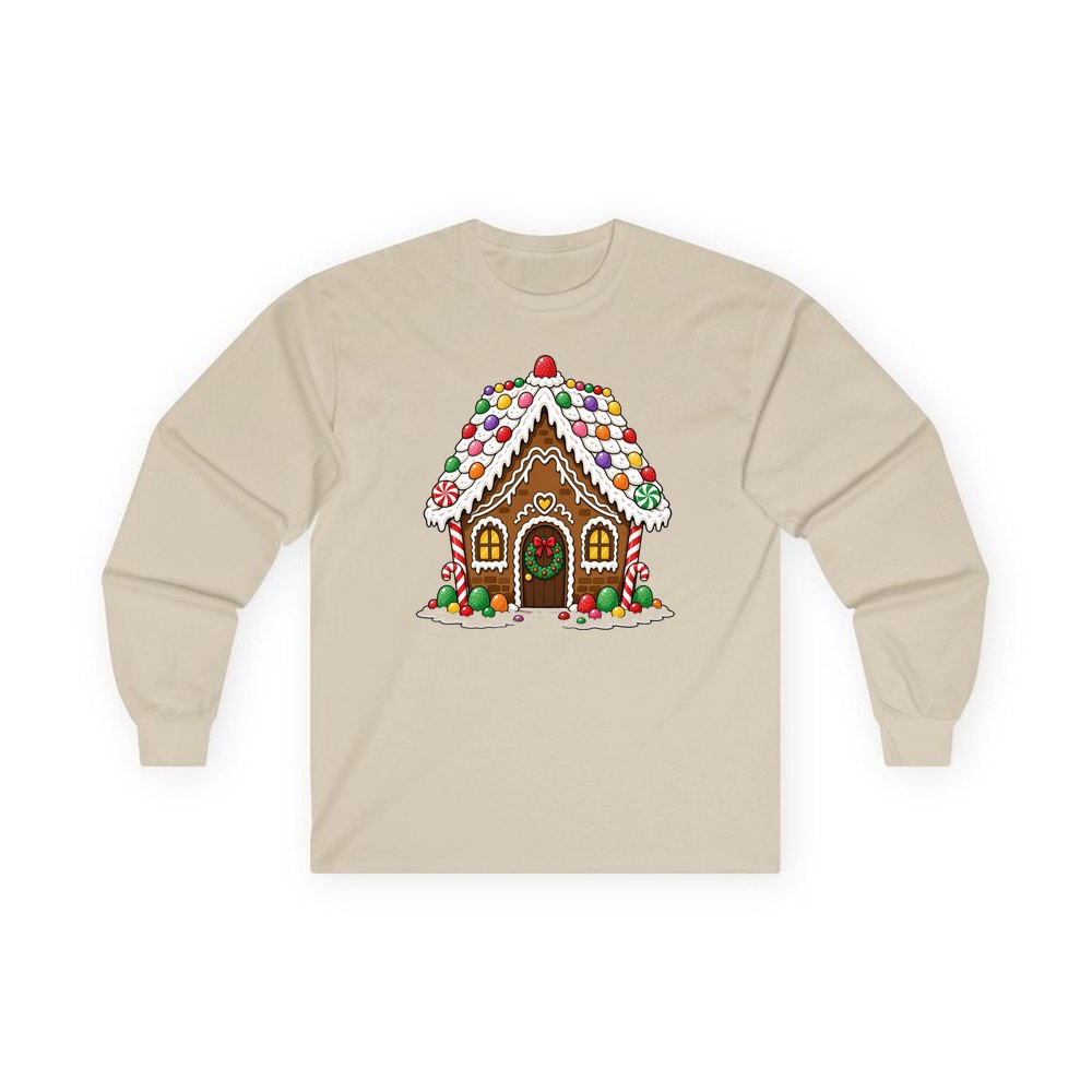 Candy Gingerbread House personalised long sleeve Christmas T-shirt in sand