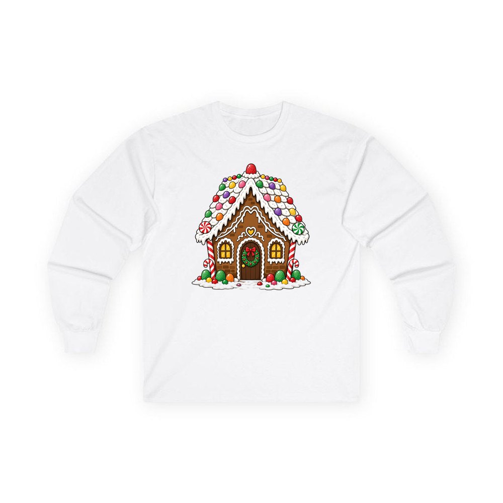 Candy Gingerbread House personalised long sleeve Christmas T-shirt in white