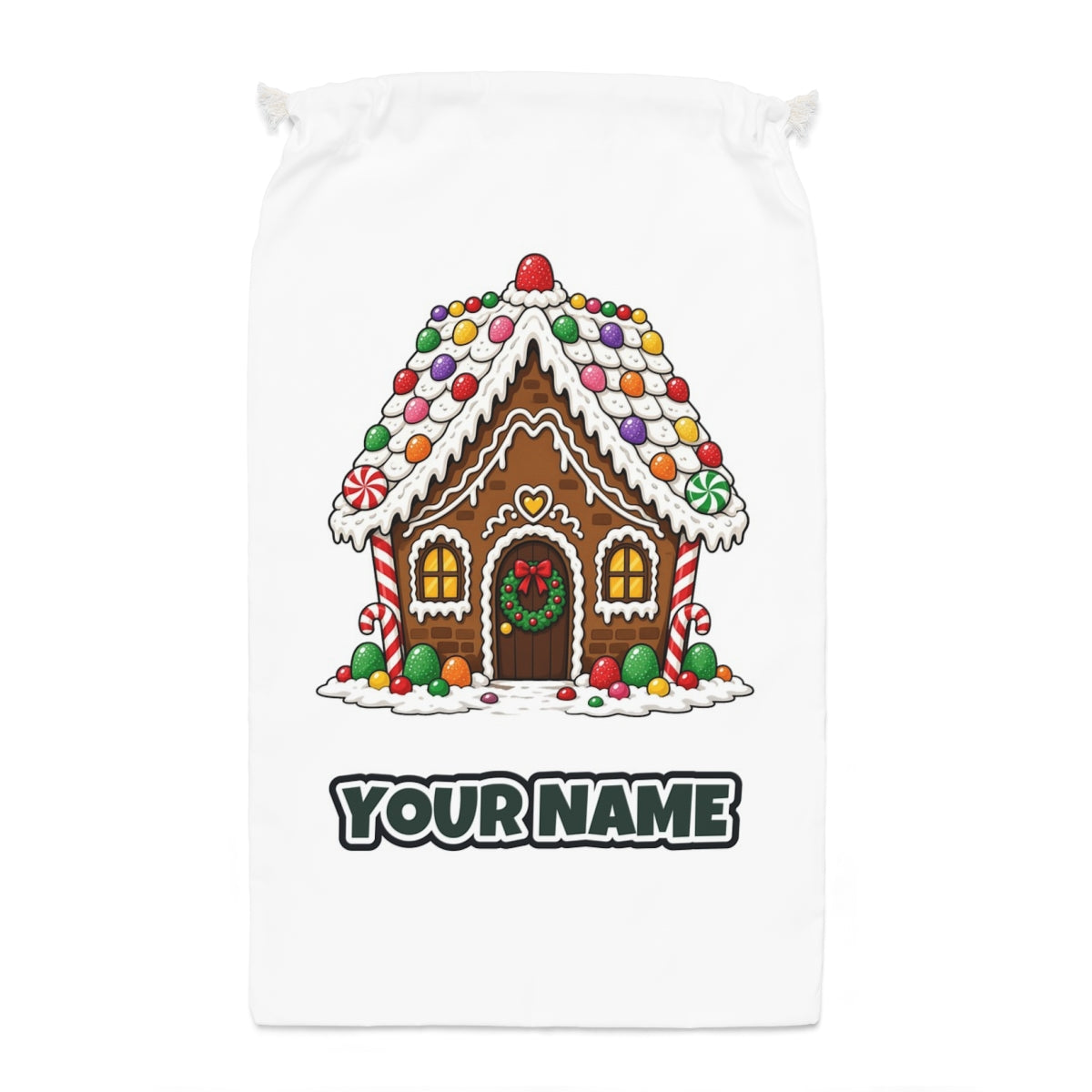 Candy Gingerbread House Santa sack laid flat, showing the full print