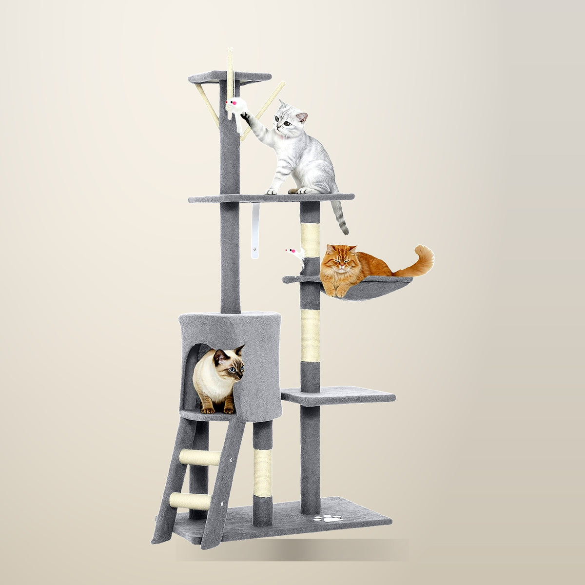 CARLA HOME 134 cm Cat Tree with Hammock, Light Grey, on a plain cream background
