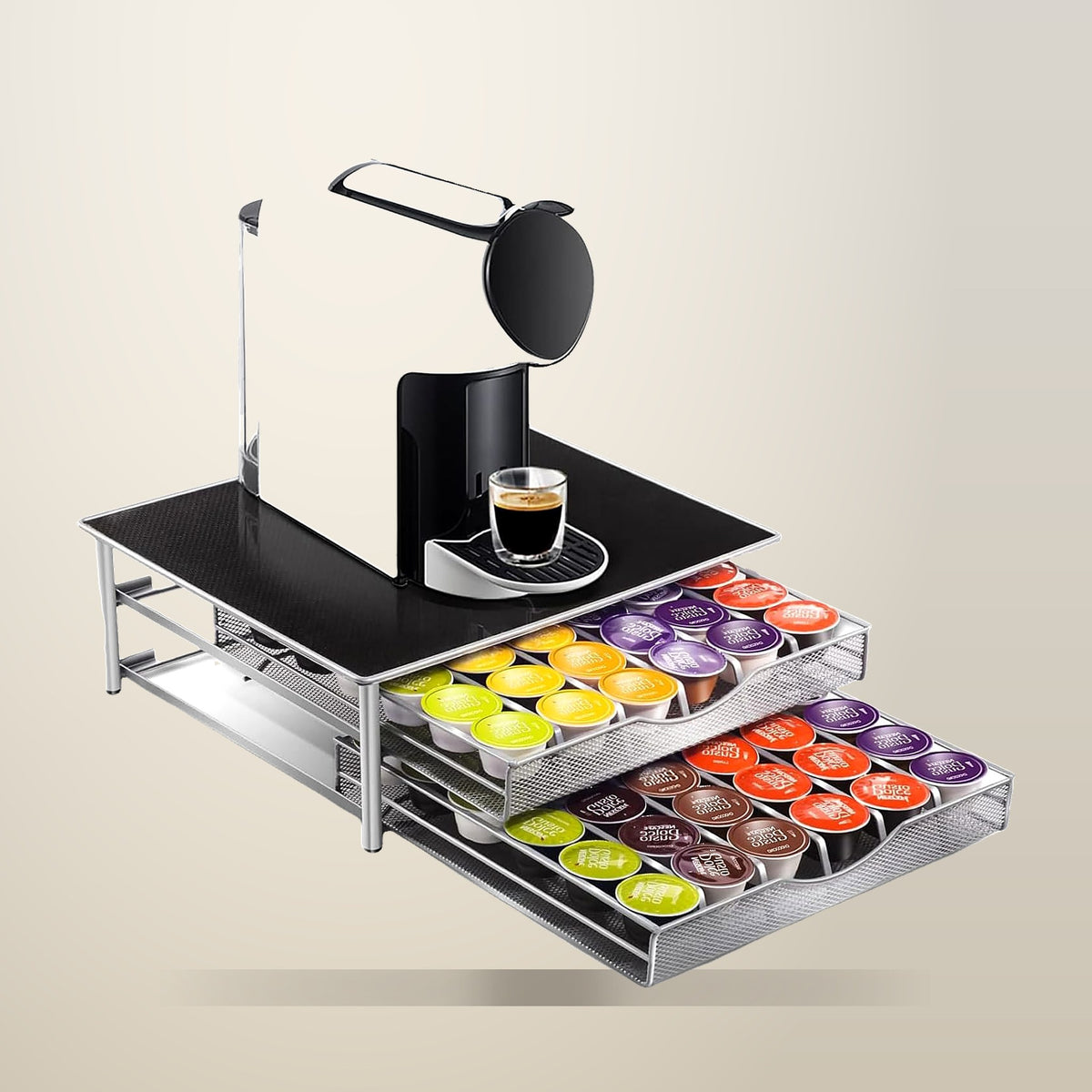 CARLA HOME 2 Tier Coffee Pod Drawer, Holds 72 Pods, on a plain cream background