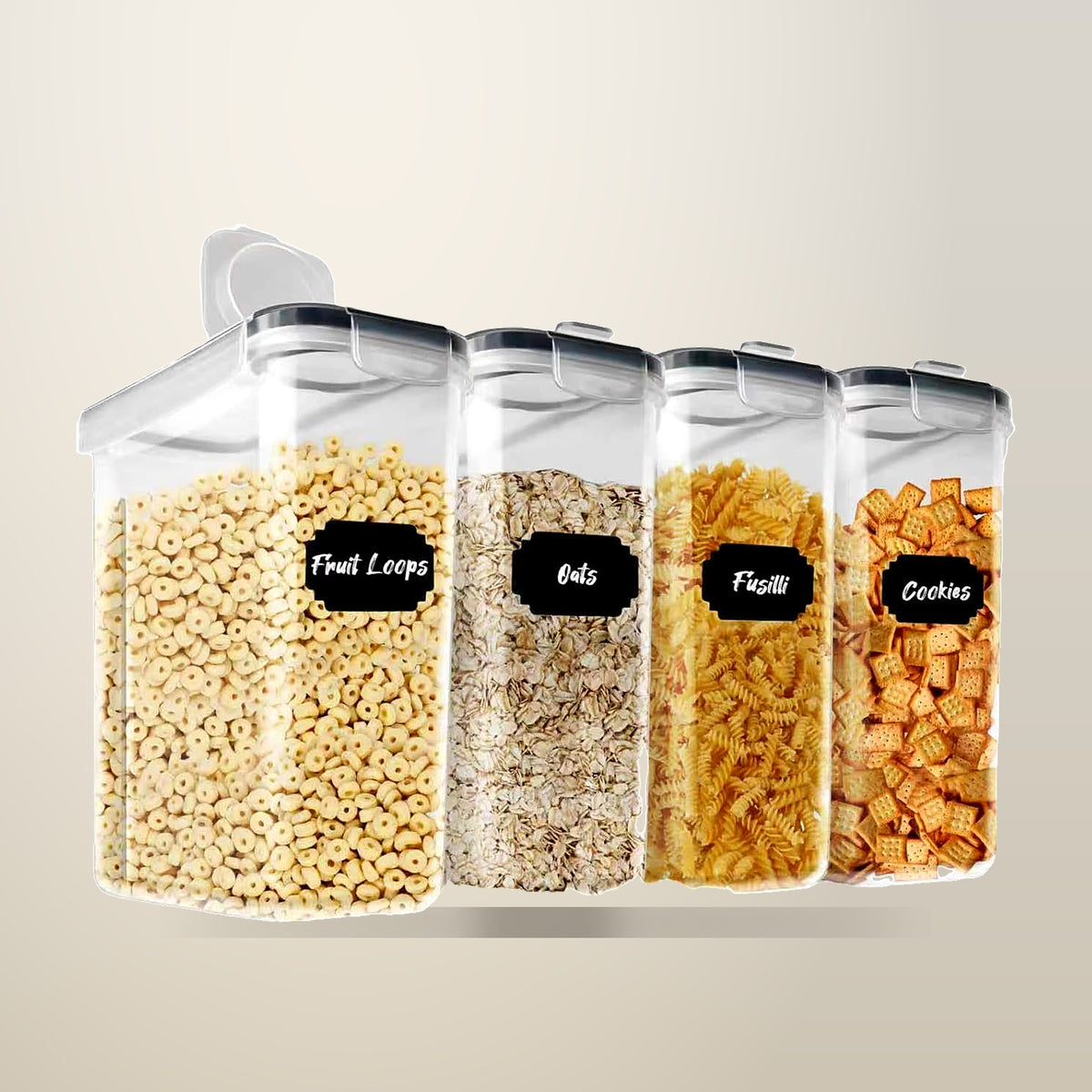 CARLA HOME Cereal Storage Containers, 4 Pack, 2.5 L, on a plain cream background