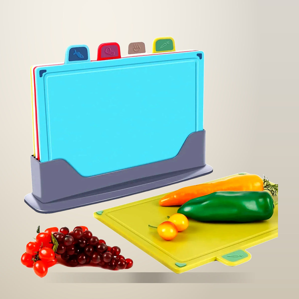 CARLA HOME Colour Coded Cutting Board Set, 4pc, on a plain cream background