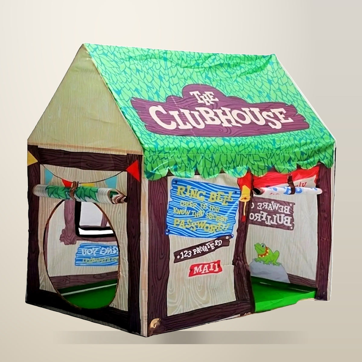 CARLA HOME Kids Clubhouse Play Tent, Green, on a plain cream background
