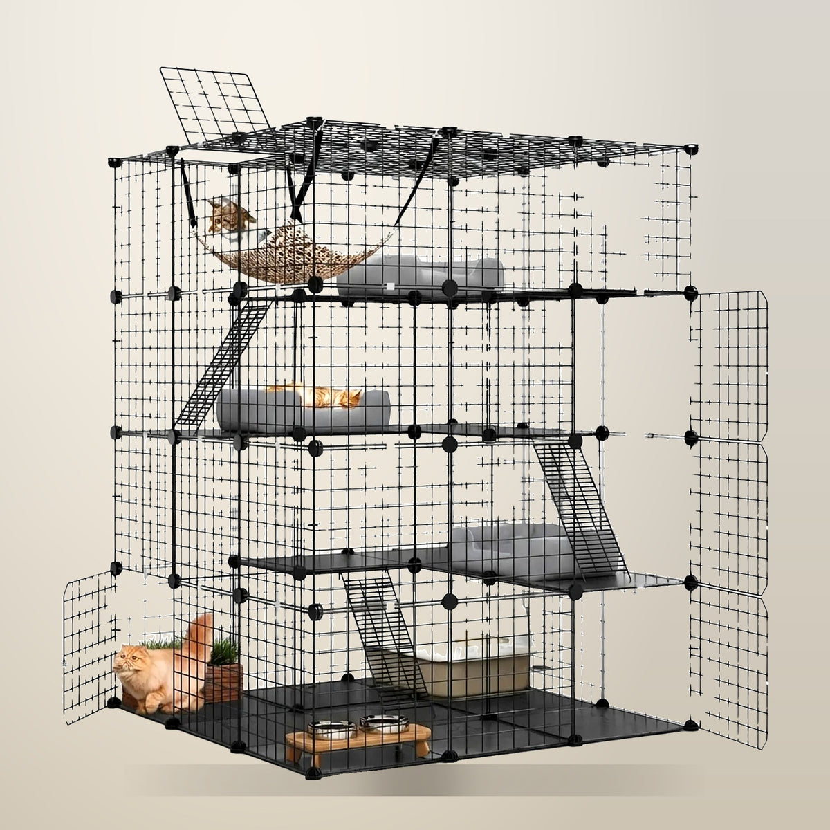 CARLA HOME 4 Tier Cat Cage Enclosure, 146 cm, Black, on a plain cream background
