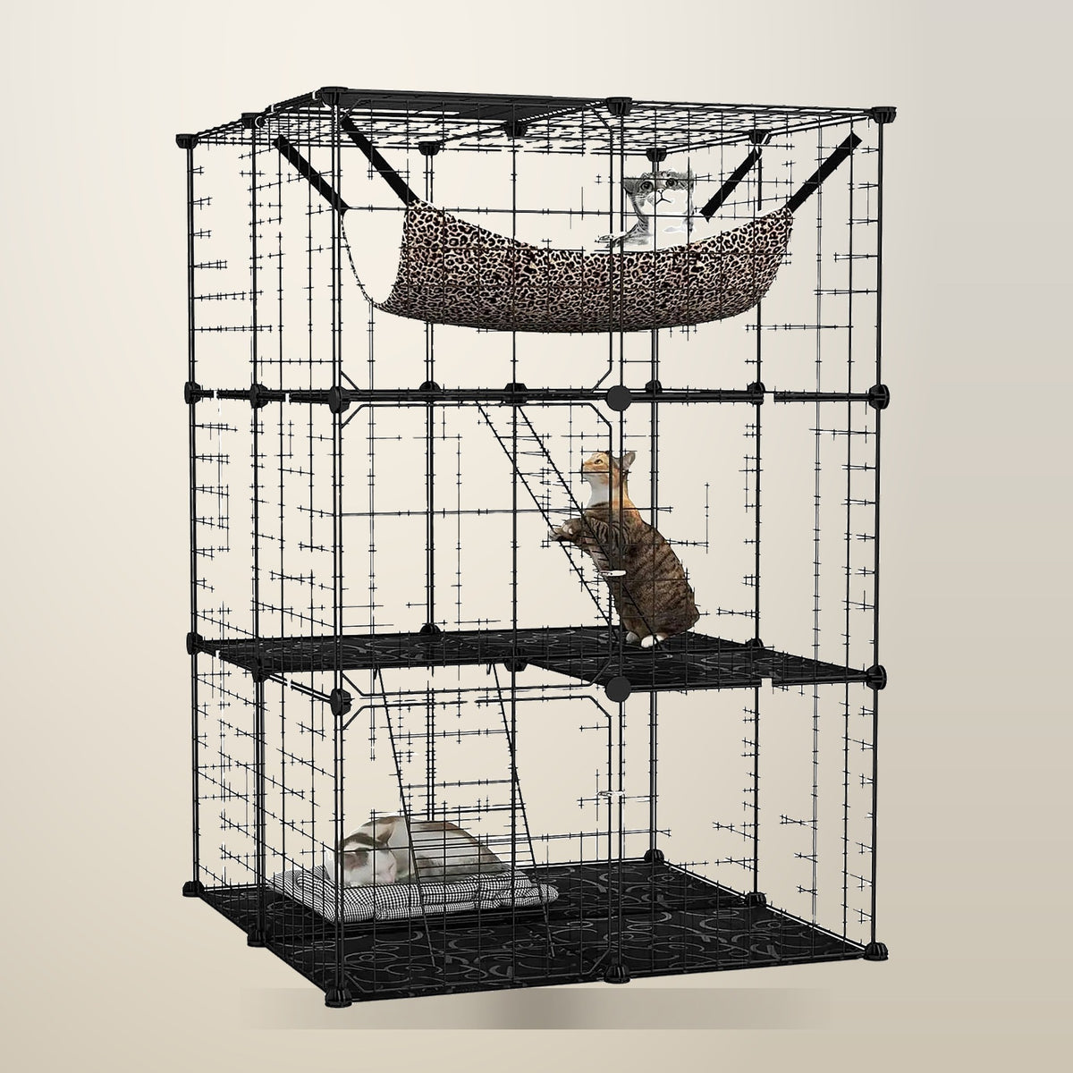 CARLA HOME 3 Tier Cat Cage Enclosure, 111 cm, Black, on a plain cream background