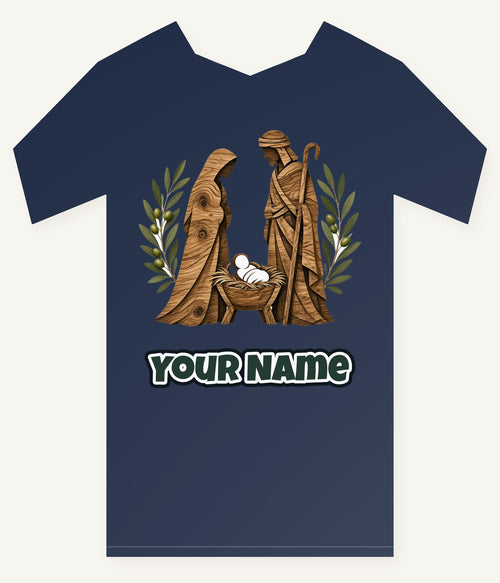 Carved Wooden Nativity Scene Personalised Kids Tee and Baby Bodysuit