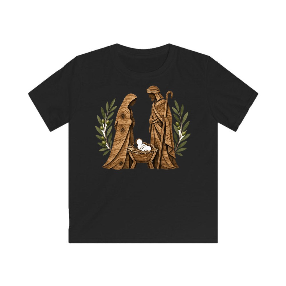 Carved Wooden Nativity Scene personalised kids Christmas tee in black