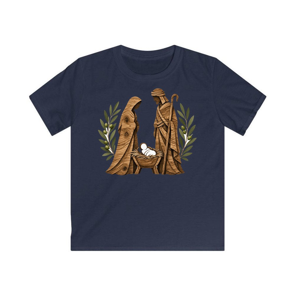 Carved Wooden Nativity Scene personalised kids Christmas tee in navy