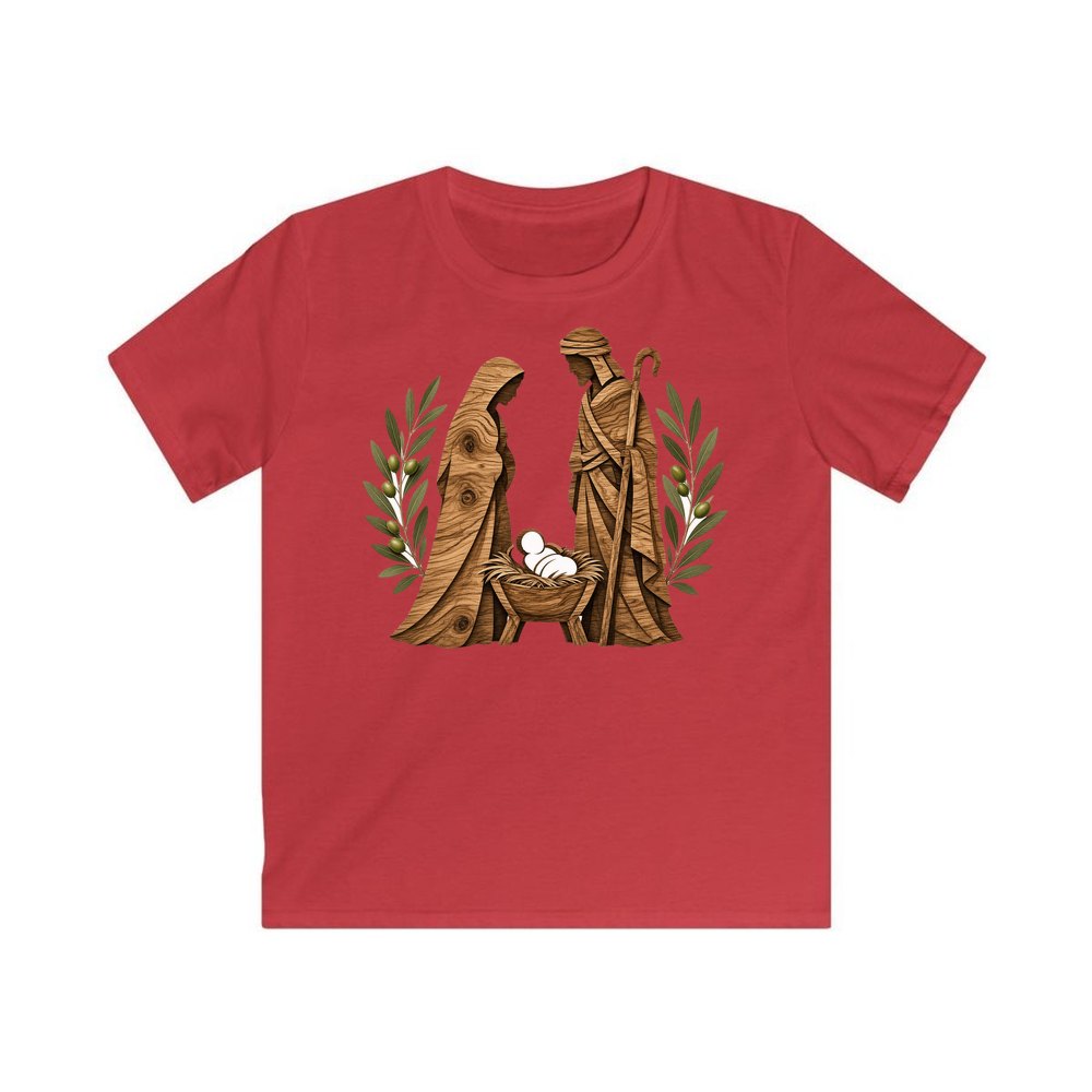 Carved Wooden Nativity Scene personalised kids Christmas tee in red