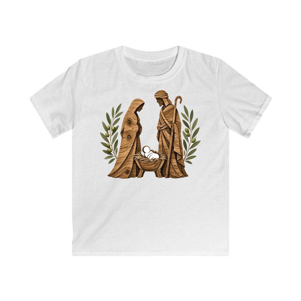 Carved Wooden Nativity Scene personalised kids Christmas tee in white